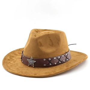 Detail of brown suede cowboy hat with leather band, metal studs and silver star emblem
