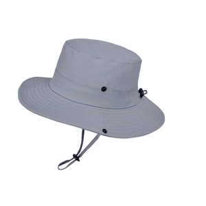 Waterproof wide brim sun hat with adjustable chin strap and side buttons in grey