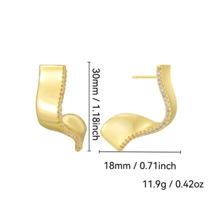 Irregular gold wave earrings with white cubic zirconia, size 30x18mm, 11.9g weight