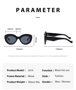 Detailed dimension guide for black cat-eye sunglasses with metal frames and sizing specs