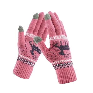 Pink winter knit gloves with navy reindeer pattern and touch screen fingertips for men