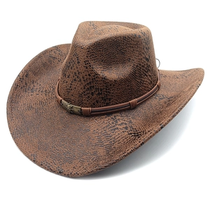Detail of brown faux python suede fedora featuring a braided leather band and skull buckle