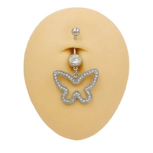Silver stainless steel belly button ring featuring a crystal-encrusted butterfly pendant