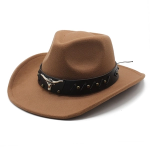 Brown western cowboy felt hat with wide brim, black leather band and silver bull head decor