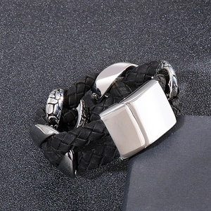 Men's woven leather punk bracelet with polished stainless steel chain and bold metal buckle