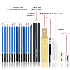 Detailed chart of drawing set including graphite pencils, charcoal, and blending stumps