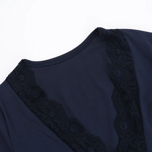 Close-up of deep blue knit top featuring delicate lace trim and soft texture detail