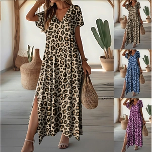 Women Summer V-Neck Leopard Print Maxi Dress Casual Loose Short Sleeve Slit Beach Vacation Polyester Dress