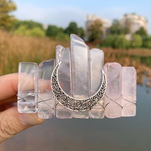 Pink crystal hair clip with silver hollow moon moon in a bohemian crown style