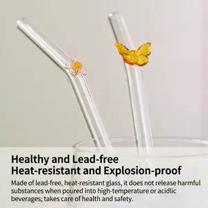 Heat-resistant glass straws with cute pink flower and yellow butterfly decorations