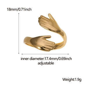 Adjustable golden stainless steel hugging hands ring with size and weight measurements