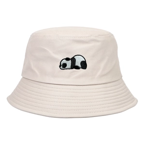 Cappello a secchiello in cotone beige con ricamo panda per viaggi e protezione solare