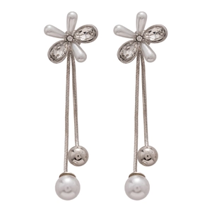 Elegant floral pearl tassel earrings with silver finish and sparkling crystal accents