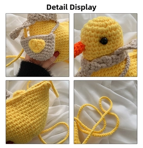Detailed views of handmade crochet duck bag with yellow yarn and cute gray hat detail