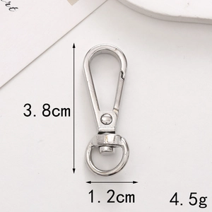 Polished zinc alloy spring hook with swivel ring showing 3.8cm length and 1.2cm width