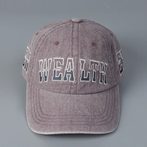 Detail of vintage washed purple cotton baseball cap with 3D WEALTH embroidery