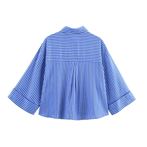 Relaxed blue and white striped shirt for women featuring a stylish box pleat back design