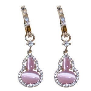 Pink cat eye stone gourd earrings in gold finish with sparkling cubic zirconia accents