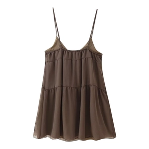 Brown tiered sequin beaded dress with adjustable straps and smocked back design