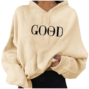 Mens casual beige hoodie with black Good Vibes print and front kangaroo pocket for fall