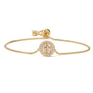 18K vergoldetes Herz-Kreuz-Armband mit Muscheleinlage und Zirkonia-Steinen