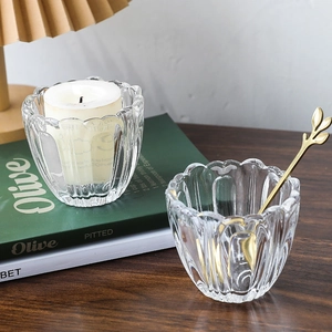 Nordic crystal glass candle holder bowl with vertical ribbing for home decor