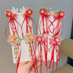 Chinese Hanfu hair clip with red flowers, pearls, and long tassel ribbons for girls