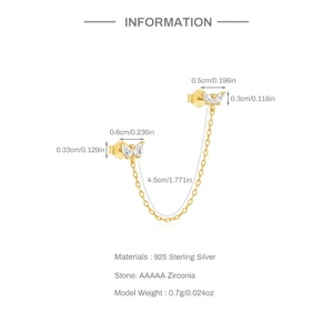 S925 sterling silver gold butterfly double stud earring with 4.5cm chain and cubic zirconia