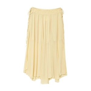 Detail of light yellow tiered chiffon skirt featuring adjustable drawstring elastic waist
