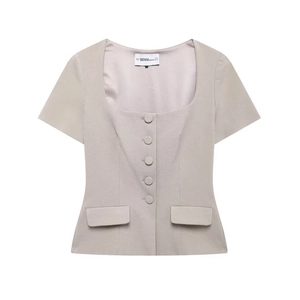 Women Square Neck Short Sleeve Blouse Solid Color Polyester Waist Cinching Retro Elegant Short Shirt Top Single Breasted