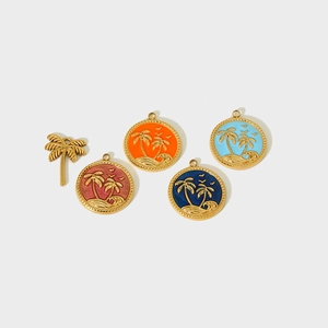 Gold-plated stainless steel palm tree pendants with colorful enamel drips for DIY jewelry