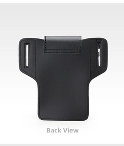 Back view of black leather phone holster with dual belt loops and reinforced stitching