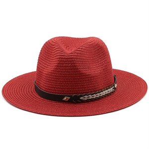 Classic dark red straw fedora hat with decorative leather band for outdoor sun protection