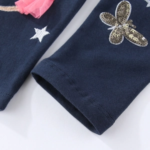 Girls navy blue knit leggings with pink mesh, star embroidery and gold sequins