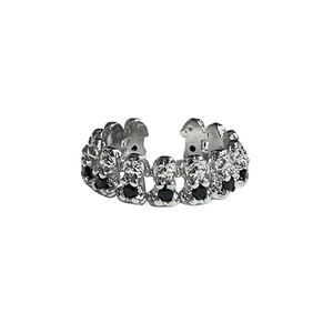 Minimalist silver open ring with interconnected bear shapes and black gemstones