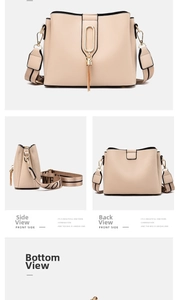 Detailed views showing beige bucket bag with wide 'LOVE' print canvas strap and metal tassel