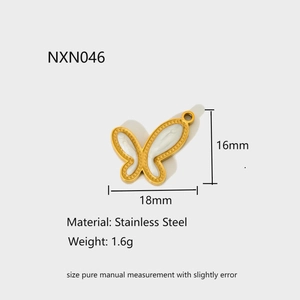 Detailed spec sheet showing a 18x16mm gold butterfly pendant made of stainless steel