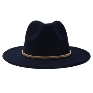 Detailed close-up of navy blue wool fedora hat featuring a stylish gold chain band accessory