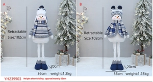 Detail of blue telescopic Christmas snowmen with adjustable legs and plaid winter outfits