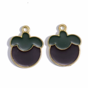 Detailed view of purple mangosteen enamel fruit pendants with gold metal rings