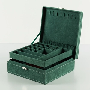 Dark green velvet double-layer jewelry box with multi-grid storage and necklace hooks