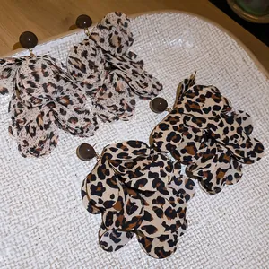 Statement leopard print chiffon flower earrings with dark brown resin stud and silver pin