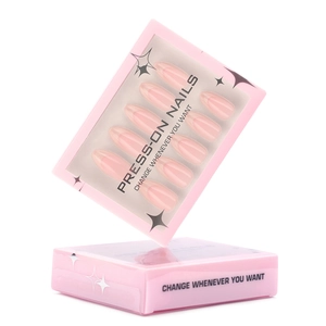 Almond press-on nails in nude pink with elegant French style and pink window packaging