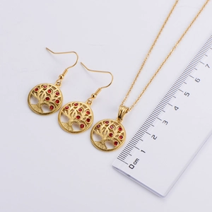 18k gold plated tree of life jewelry set with red crystals necklace and earrings