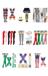 Collection of colorful striped thigh high socks and festival party gloves for women