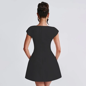 Elegant black short sleeve A-line mini dress with slim fit and back zipper closure