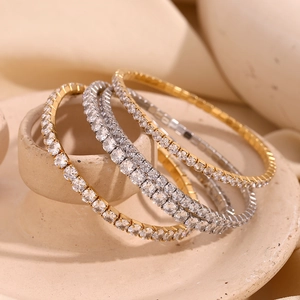 Stainless Steel Tennis Bracelet 18K Gold Plated Stretchy Elastic Cubic Zirconia Geometric Jewelry For Women