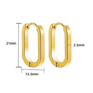 Detail view of 18K gold plated oval earrings with 21mm height and 13.5mm width dimensions