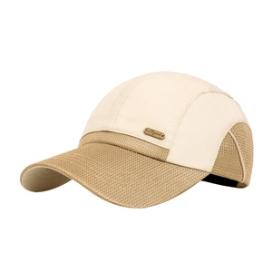 Men's mesh baseball cap with breathable fabric and metallic logo in beige and khaki