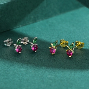 Exquisite S925 sterling silver cherry stud earrings set with red and green cubic zirconia